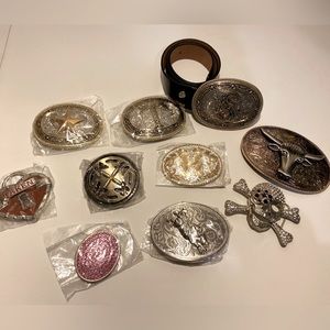 NEW Silver belt buckles with NEW belts 3 sizes.